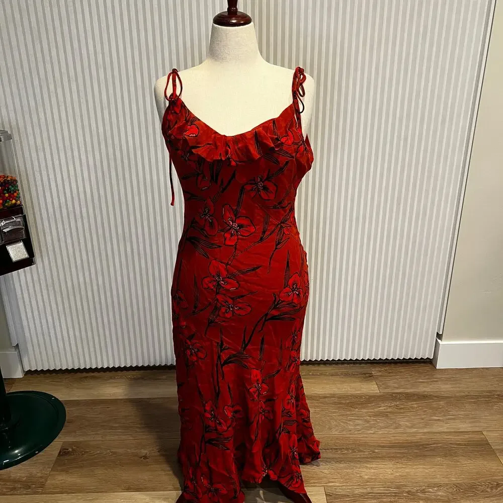 ANTHROPOLOGIE Women's Ruffled V-Neck Slip Dress Size L In Red - Picture 4 of 10